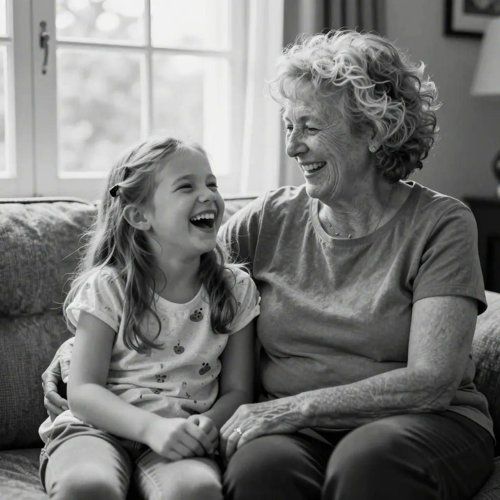 Nonna e nipote che ridono sul divano