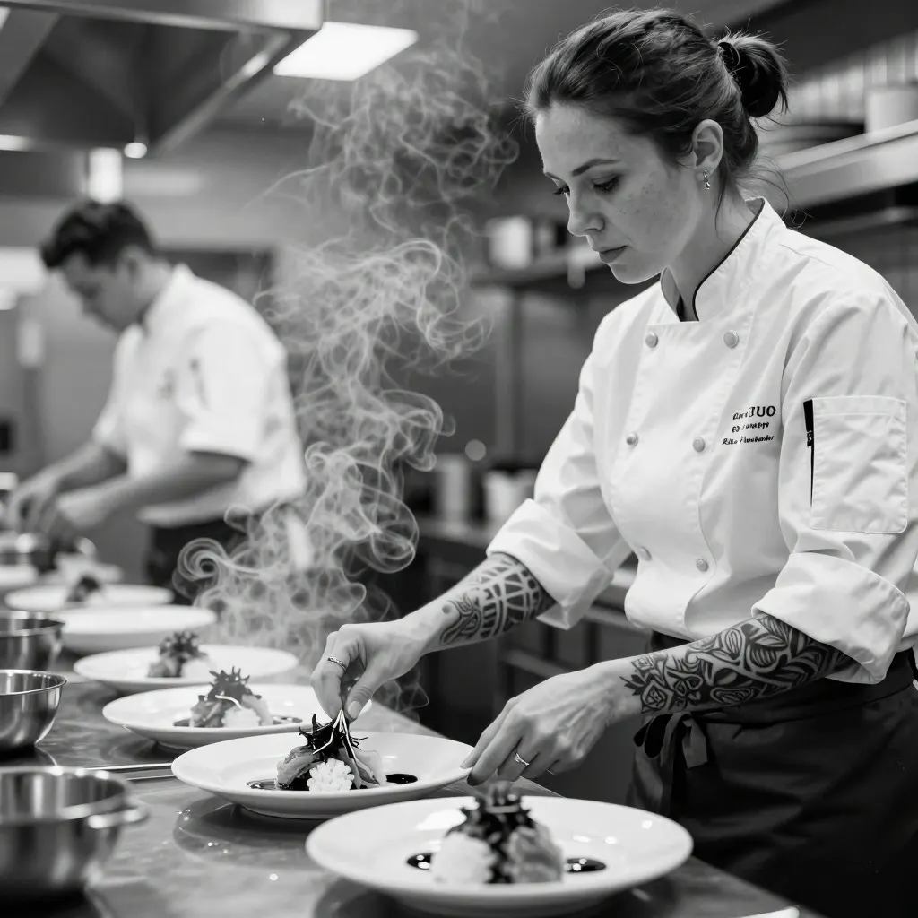 Cuoca al lavoro in una cucina professionale